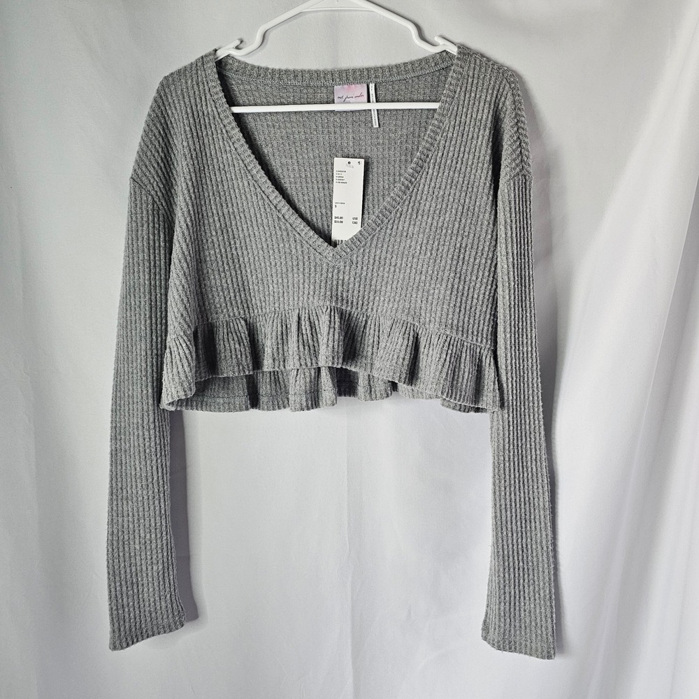 Out From Under Waffle Knit Top Womens Small Grey Coquette Ruffle Cropped Boho